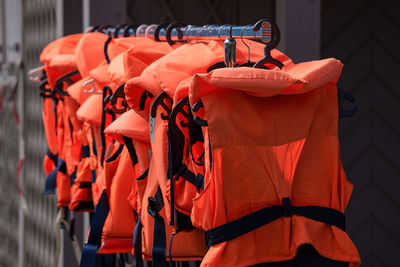 View of life jacket hanging outdoors