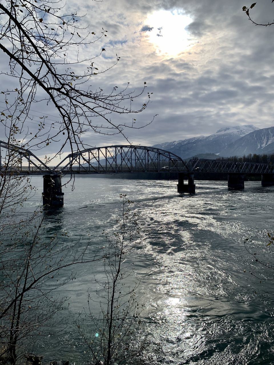 BRIDGE OVER RIVER BY TREES AGAINST SKY