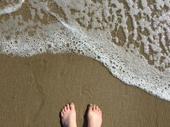 Low section of person standing on shore at beach