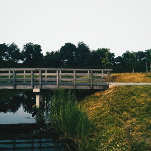 View of trees by river against clear sky