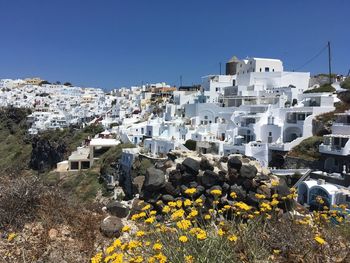 Buildings in city against clear blue sky