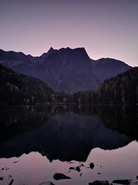 Scenic view of lake and mountains against clear sky