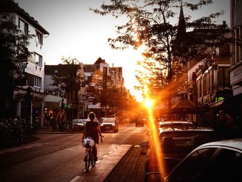 Rear view of man riding bicycle on road against buildings