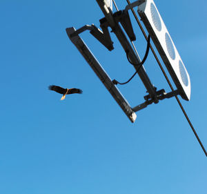 Low angle view of airplane flying against clear blue sky