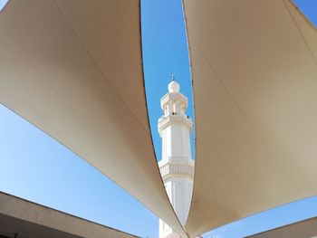 Low angle view of white building against clear blue sky