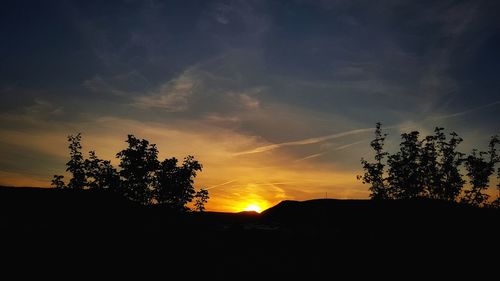 Silhouette trees on landscape against sky at sunset