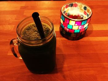 High angle view of drink on table