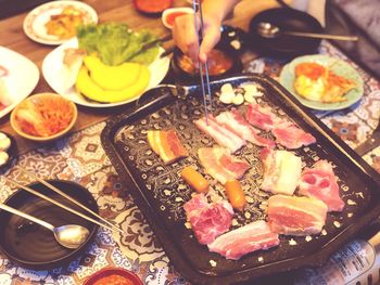 High angle view of food served on table