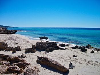 Scenic view of sea against clear blue sky