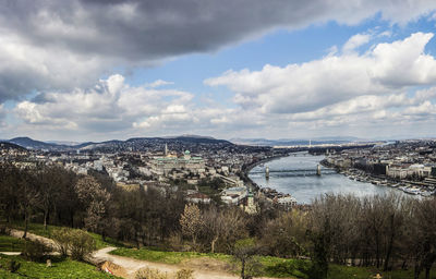 Cityscape against cloudy sky