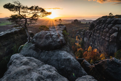 Rocks by trees against sky during sunset