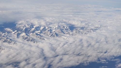 Aerial view of snowcapped mountains against sky