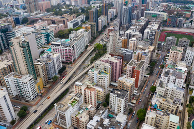 High angle view of modern buildings in city