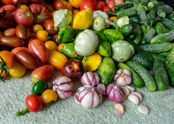 Different colors, shapes and types of vegetables prepared for home canning