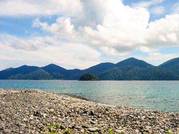 Scenic view of lake and mountains against sky