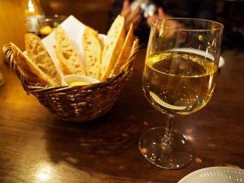 Close-up of beer in glass on table