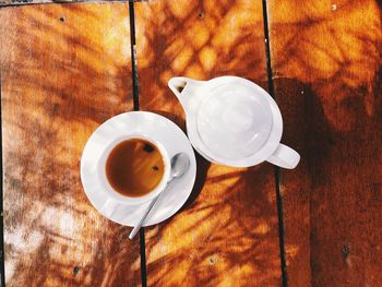 High angle view of coffee and cups on table