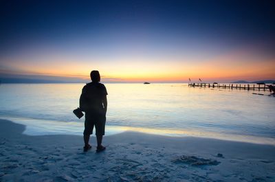 Rear view of man standing at beach against sky during sunset