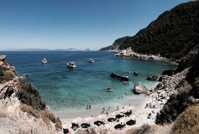 Scenic view of sea against clear blue sky