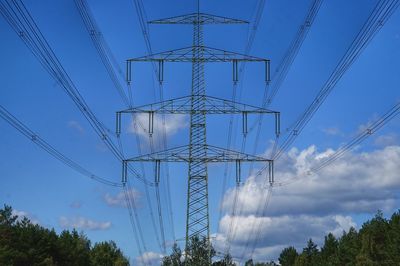 Low angle view of electricity pylon against sky