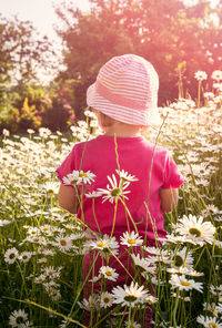 Rear view of girl with flowers on field