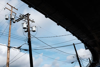 Low angle view of electricity pylon against sky