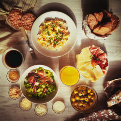 High angle view of breakfast on table