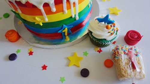 High angle view of cupcakes on table