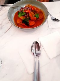 High angle view of soup in bowl on table