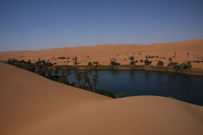 Scenic view of desert against clear sky with sahara lake