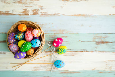 High angle view of multi colored candies on table