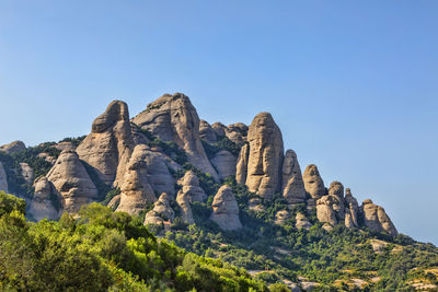 Low angle view of rock formation against clear blue sky