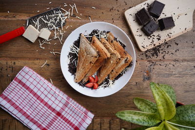 High angle view of dessert in plate on table