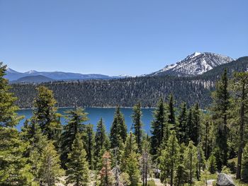 Scenic view of mountains against clear blue sky