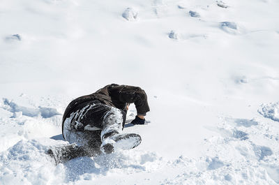 High angle view of man on snow covered land