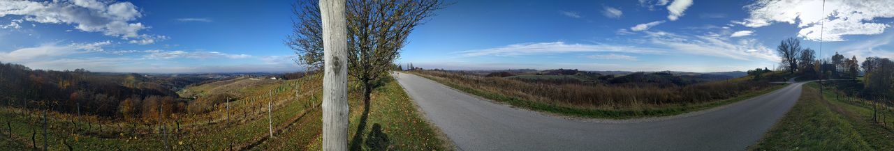 Panoramic view of agricultural field against sky