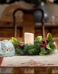 Close-up of christmas decoration on table