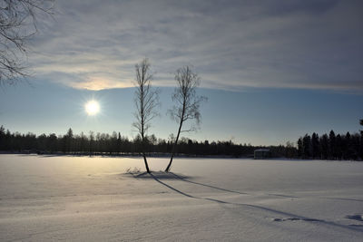 Scenic view of snow covered field against sky at sunset