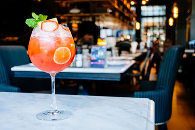 Close-up drink served on table