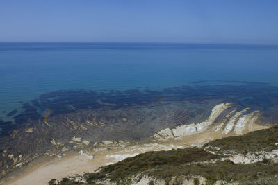 Scenic view of sea against clear blue sky