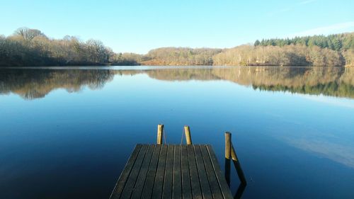 Scenic view of lake against clear blue sky