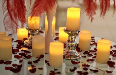 Close-up of illuminated candles on table