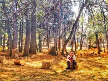 Woman sitting on tree trunk amidst plants