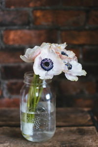 Close-up of white roses in vase on table