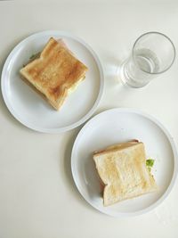 High angle view of breakfast served on table