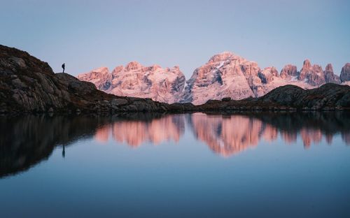 Scenic view of lake and mountains against clear sky