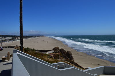 Scenic view of beach against clear blue sky