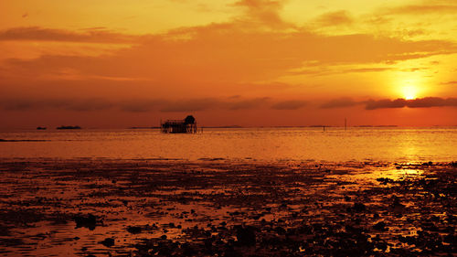 Scenic view of sea against orange sky