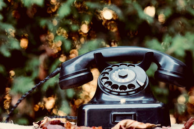 Close-up of old telephone booth