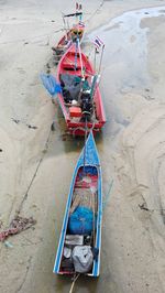 High angle view of boat moored on shore